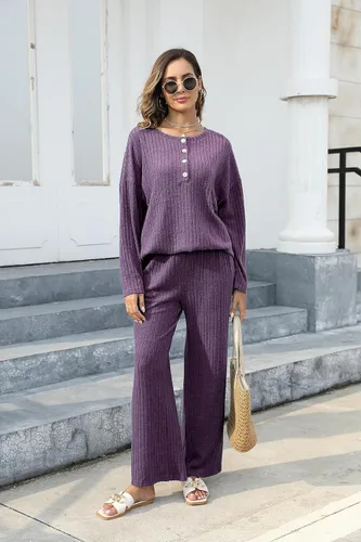 Vista 4 de Conjunto de 2 piezas para mujer, sudadera de gran tamaño con botones y pantalones de descanso a juego