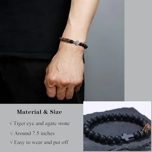 Vista 2 de Pulsera de cruz para hombres, para papá, hijo, nieto, marido, padrino, tío sobrino, hermano, regalo inspirador de ojo de tigre, pulsera curativa
