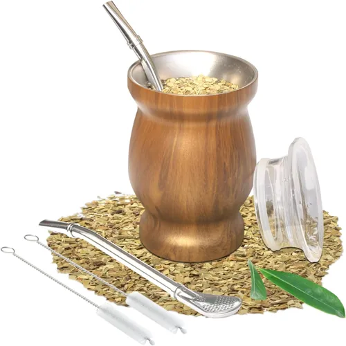 Vista 13 de Beruth Bombilla Yerba Mate Gourd, juego de tazas de té de acero inoxidable de 8 onzas con una tapa multifuncional, dos popotes y cepillos