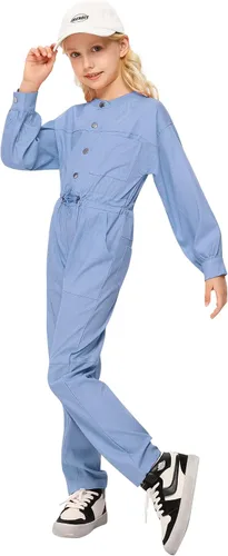 Vista 2 de Kukume Girls Long Sleeve Button Down Jumpsuits Rompers Straight Leg Cargo Pant with 5 Pockets