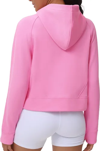Vista 4 de THE GYM PEOPLE Sudaderas con capucha para mujer, media cremallera, manga larga, forro polar, con bolsillos, agujero para el pulgar