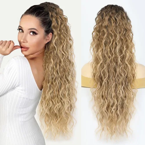 Vista 24 de Extensión de cola de caballo con cordón, extensión de cola de caballo larga y rizada para mujeres negras, extensiones de cabello negro de 26