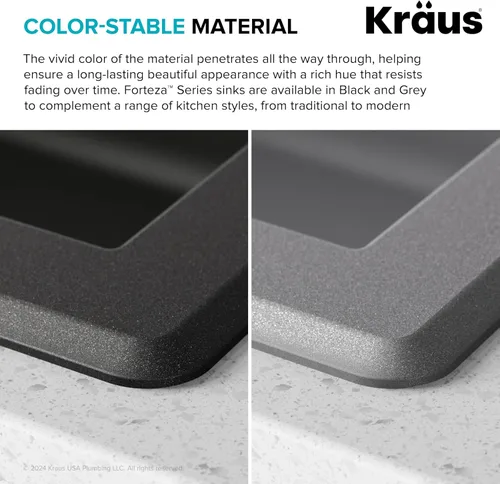 Vista 11 de Kraus Forteza - Fregadero de cocina de doble seno 50/50 de granito de instalación empotrada/sobre encimera, 33 pulgadas, color negro (KGD-52BLACK)