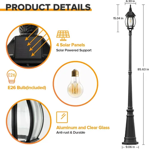 Vista 3 de LUTEC Lámpara solar para poste, luz de poste impermeable del anochecer al amanecer con vidrio transparente, exterior de aluminio vintage negro