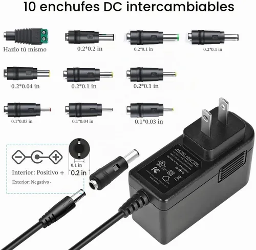 Vista 2 de Adaptador CA/CC de 12 V 2 A con certificación UL, fuente de alimentación de 12 voltios 2 amperios 24 W con 10 puntas para tiras de luces LED