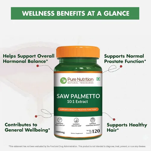 Vista 4 de Pure Nutrition Saw Palmetto Extracto 10:1, 1000 mg por porción de 2 cápsulas 120 cápsulas vegetales Soporte de próstata Suplemento de próstata