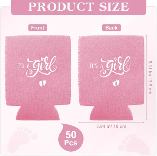 Vista 2 de Mifoci 50 piezas de decoraciones de baby shower, fundas de cerveza rosas para revelación de género, fundas para latas de fiesta para baby shower