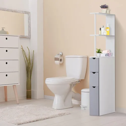 Vista 7 de HOMCOM Armario de almacenamiento de baño de 54 pulgadas de alto, torre de lino independiente con estante de 2 niveles y cajones, organizador de piso