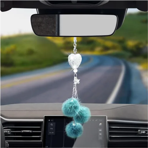 Vista 14 de Dickno Adorno Colgante Brillante para Coche, Divertido Pendiente de Corazón de Amor y Bola de Peluche Rosa para Espejo Retrovisor para Mujeres