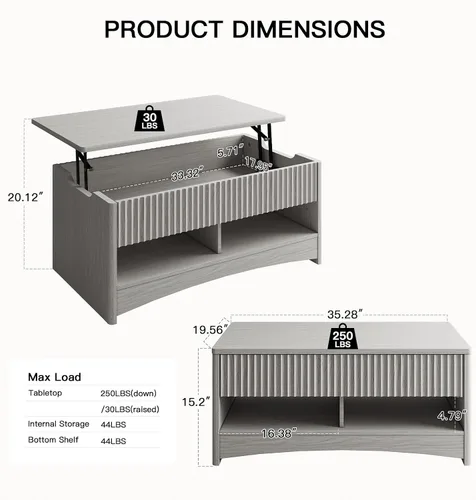 Vista 2 de Amada - Mesa de centro elevable con almacenamiento, mesa central moderna con compartimento oculto, mesas de centro rectangulares para sala de estar