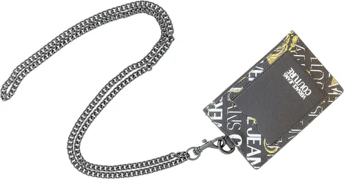 Vista 2 de Versace Jeans Couture Tarjetero de cuero barroco de cuero negro con patrón de cepillo para hombre, Negro Oro