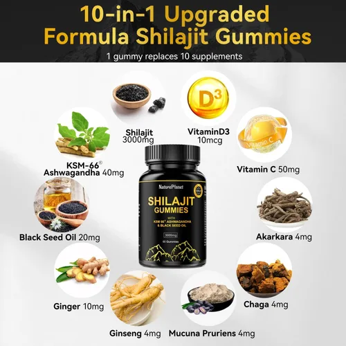 Vista 6 de NaturePlanet Gomitas Shilajit para hombres y mujeres, con aceite de semilla negra y ashwagandha, apoyo para la recuperación muscular, salud