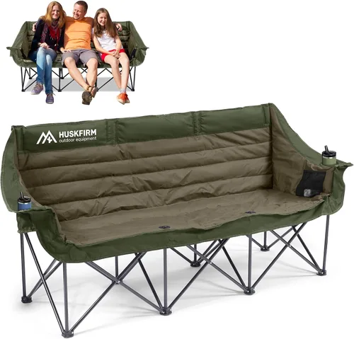 Vista 11 de Huskfirm - Sillas de campamento plegables para 3 personas, para adultos, color negro Silla de camping de gran tamaño acolchada resistente