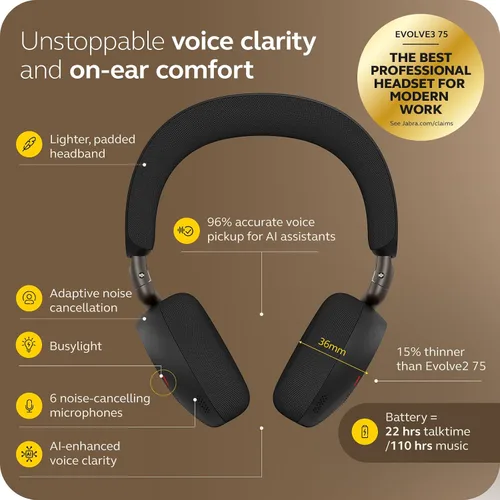 Vista 3 de Jabra Evolve3 75 Auriculares inalámbricos Bluetooth con micrófono para el trabajo, USB-A, tecnología de llamada de voz AI, cancelación activa