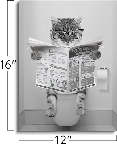 Vista 2 de Divertido lienzo de pared de gato en blanco y negro, decoración moderna de pared de baño, gato sentado en el inodoro, lectura de periódicos, pintura