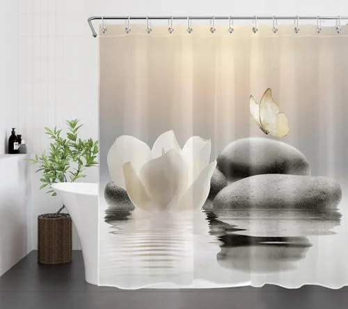 Vista 4 de HVEST Cortina de ducha Zen floral para baño, cortina de ducha de piedra zen y flor blanca, mariposa amarilla con ganchos, cortinas de baño modernas