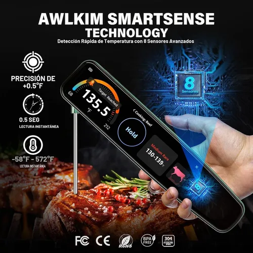 Vista 4 de AWLKIM 0.5s Termómetro Inteligente de Lectura Instantánea para Carne Digital, Pantalla Táctil HD de 3.8" con Temp-OS, Termómetro Profesional