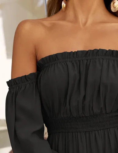 Vista 101 de ZESICA - Vestido largo, bohemio y sexy, con hombros descubiertos y manga larga fruncida, con elástico fruncido, cintura alta y abertura lateral
