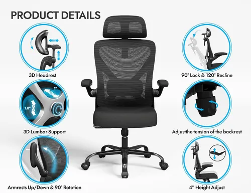 Vista 7 de Silla de oficina ergonómica negra: silla de escritorio de malla cómoda con Negro