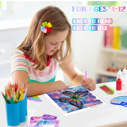 Vista 6 de xackcme Kits de pintura de diamantes de mariposa para niños con marco, arte de diamantes de mariposas para niños de 4 a 8 a 12 años, kit de pintura