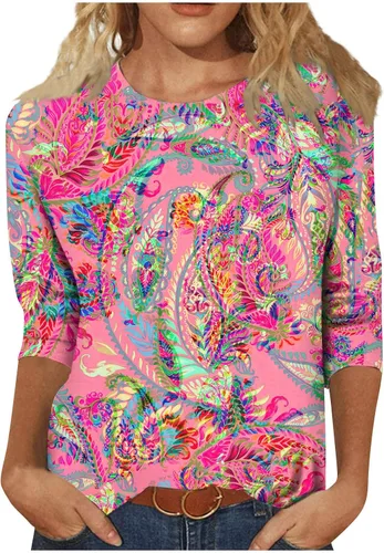 Vista 73 de Camisetas personalizadas para mujer, a la moda, casual, de séptima manga, estampada, cuello redondo, camiseta