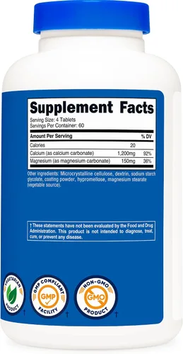Vista 5 de Nutricost Carbonato de calcio y magnesio 240 tabletas, 1200 mg de Ca y 150 mg de mg por porción, 60 porciones, sin gluten, sin OMG