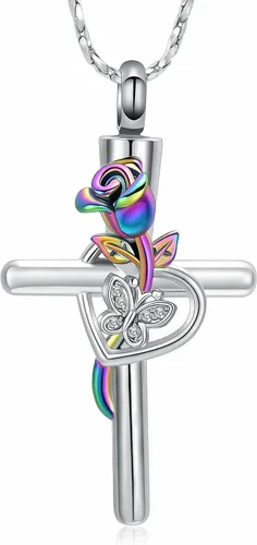 Vista 10 de Imrsanl Collar de urna de cruz de mariposa rosa para cenizas, joyería de cremación, colgante para hombres y mujeres, joyería conmemorativa