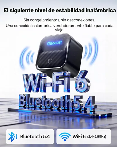 Vista 4 de Ottocast Mini Core, adaptador inalámbrico CarPlay y Android Auto de última generación 2026, WiFi 6 y conexión Bluetooth 5.4 ultra rápida
