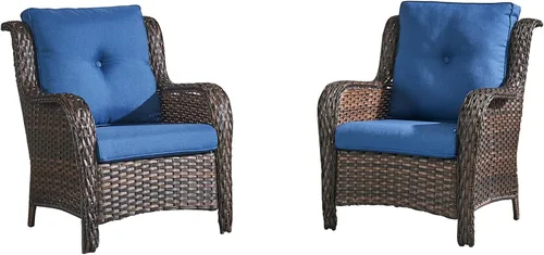 Vista 33 de HUMMUH Juego de 2 sillas de mimbre para patio, sillas de comedor de ratán de polietileno para exteriores, con cojines de asiento de 4 pulgadas