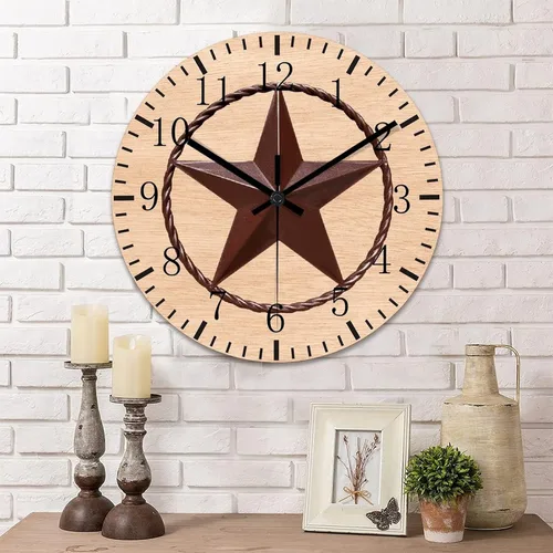 Vista 9 de Reloj de pared redondo de estilo rústico con estrella de Texas occidental, reloj de madera, silencioso sin tictac, funciona con pilas, con números