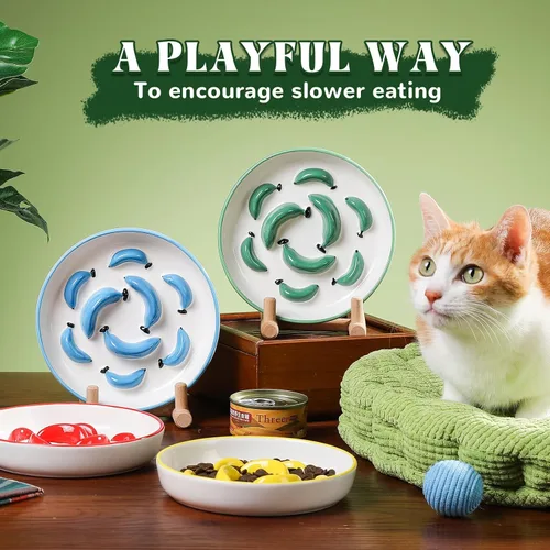 Vista 7 de Cuenco de alimentación lenta para gatos de cerámica - Cuenco vibrante para gatos - Lindo plato de comida con laberinto para comer lento - Apto