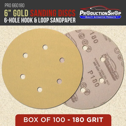 Vista 2 de ProductionShop Discos de lijado dorados de grano 180 de 6 pulgadas, patrón de 6 agujeros, caja de 100 – Papel de lija sin polvo con gancho y bucle