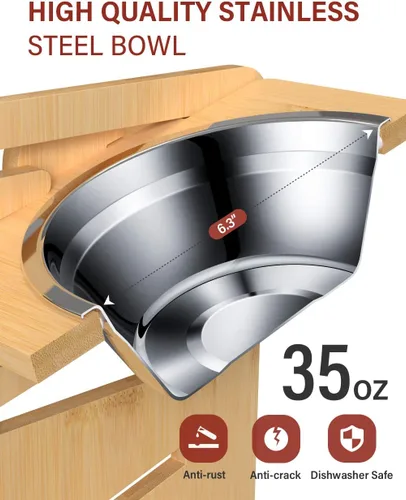 Vista 6 de Cuencos elevados para perros, soporte elevado ajustable para mascotas de tamaño mediano, alimentador de alimentos de bambú resistente con 2 platos