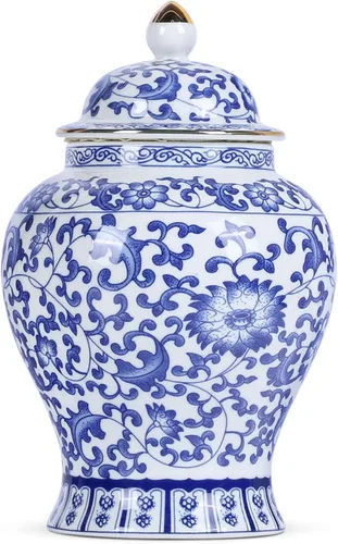 Vista 8 de Tarro de jengibre chino con tapa, estilo antiguo, decoración del hogar, retro, flores de porcelana azul y blanca, jarrón cubierto de cerámica, Tarro