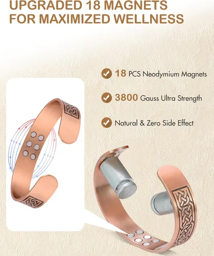 Vista 3 de Feraco Pulsera de cobre puro para hombres, pulseras de terapia magnética de fuerza mejorada 18X con 3500 imanes de neodimio Gauss, brazalete