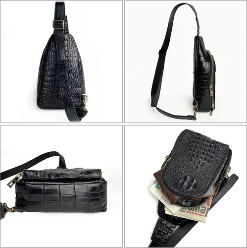 Vista 6 de Alligator Bolso cruzado de cuero para hombre, bolso de hombro para hombre, mochila pequeña para hombre, paquete elegante, Negro, M