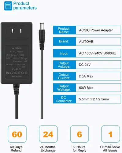 Vista 5 de ALITOVE Fuente de alimentación de 24V CC 2.5A 60W Transformador de 24 voltios Adaptador de corriente CA 4.92 pies 2500mA 2A Convertidor de CA a CC