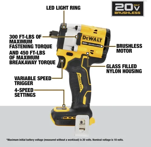 Vista 5 de DEWALT ATOMIC 20 V MAX* 1/2 pulg. Llave de impacto inalámbrica con yunque de anillo de cerdo (solo herramienta) (DCF921B)