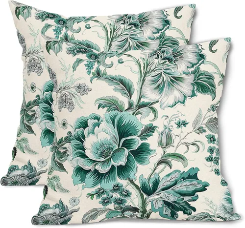 Vista 43 de Fundas de cojín decorativas primavera-verano 40x40 cm, juego de 2 fundas de cojín verdes con flores botánicas, fundas de cojín decorativas para Aqua