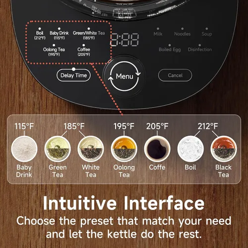 Vista 3 de Hervidor Eléctrico de Vidrio Caliente con Infusor de Té y Control de Temperatura, Tetera de Acero Inoxidable de 1.5L y Hervido Rápido de 1200W, Azul