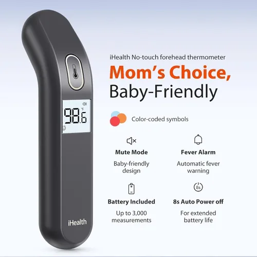 Vista 2 de iHealth Termómetro sin contacto para adultos y niños, alerta codificada por colores y modo silencioso, verificación precisa de fiebre de 1 segundo