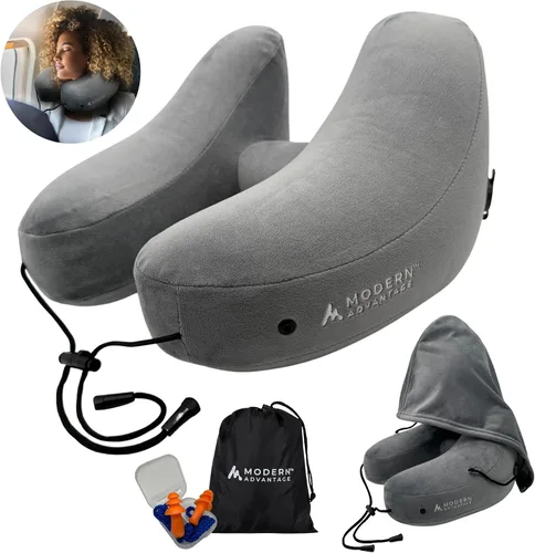 Vista 9 de Modern Advantage Almohada inflable de viaje para aviones con capucha cómoda, soporte ajustable para el cuello, almohada ligera y compacta para Negro