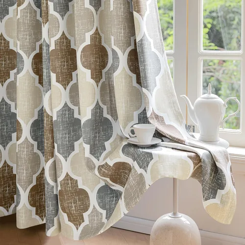 Vista 10 de Beauoop Cortinas 100% Opacas de 45 Pulgadas de Largo, 2 Paneles para Dormitorio, Sala de Estar, Gris Aqua Marroquí Geométrico, Oscurecimiento