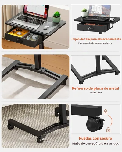 Vista 6 de Escritorio de computadora de altura ajustable con cajones, pequeño carrito de escritorio móvil para laptop con ruedas para espacios pequeños