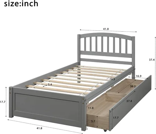 Vista 2 de Bellemave Cama de almacenamiento de plataforma individual con dos cajones, marco de cama de madera maciza con cabecero, marco de cama resistente