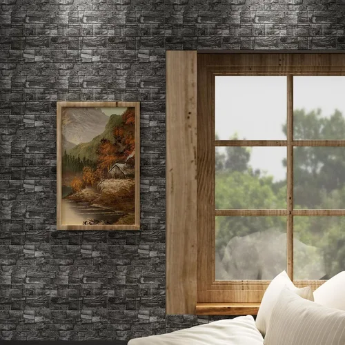 Vista 4 de Paneles de pared 3D para despegar y pegar en piedra negra y gris, 10 piezas de papel tapiz 3D de espuma XPE, paneles de pared de ladrillo sintético