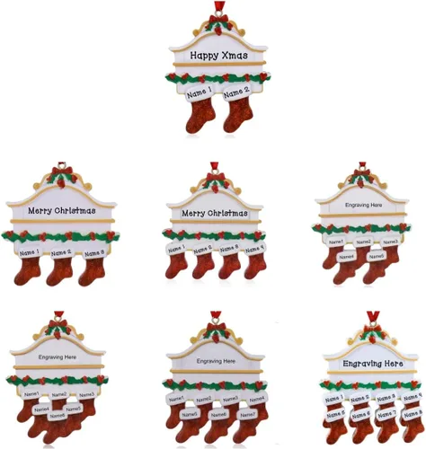 Vista 8 de Adornos de Navidad 2024, adornos de Navidad personalizados con nombre grabado, adorno de calcetín de Navidad para decoración de árbol (4 nombres)
