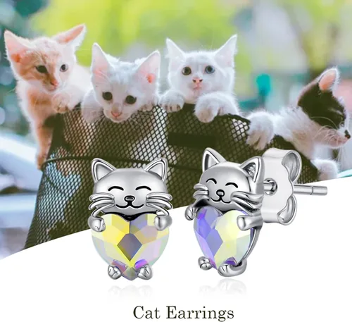 Vista 7 de Aretes de plata de ley 925 con diseño de gato, bonitos aretes de gato con diseño de gatito, joyería de regalo para mujeres y niñas, aretes