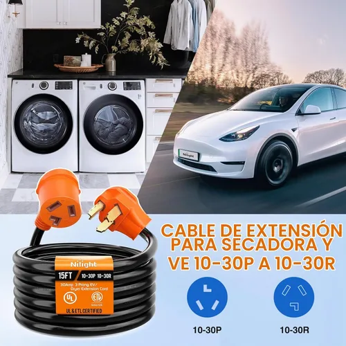 Vista 7 de Nilight Cable de Extensión para Secadora EV de 15 Pies 3 Clavijas 30 Amperios NEMA 10-30P 10-30R Cable de Extensiones Antiguas Servicio Pesado Cable
