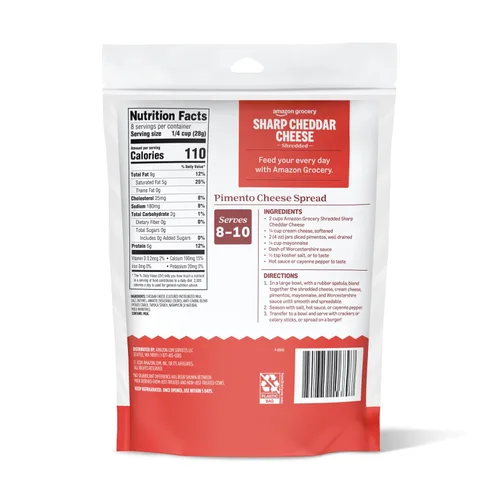 Vista 2 de Amazon Grocery, Queso cheddar afilado, rallado, 8 onzas (anteriormente Happy Belly, el embalaje puede variar)